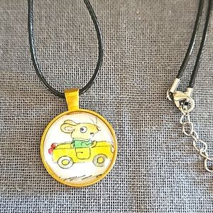 1970s Mouse in car Richard Scarry children's book page necklace ooak cabochon